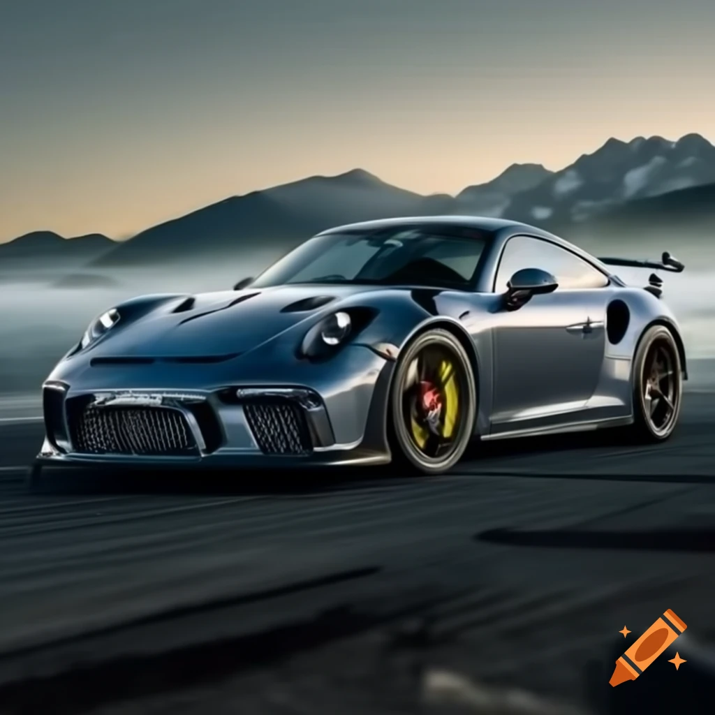 Porsche GT3 RS 992 in foggy alpine landscape with dark sky