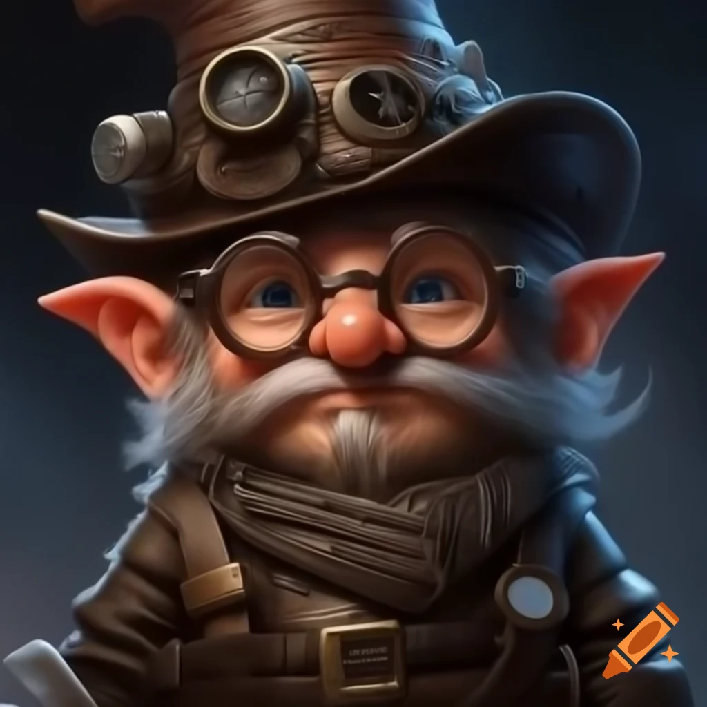 Young male gnome artificer in steampunk style with top hat and glasses