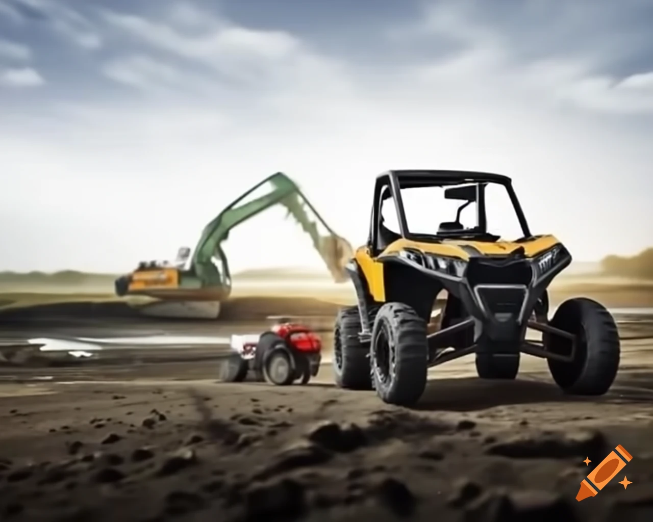 Quad bike, excavator, and tractor near meandering river ready for landscape shaping