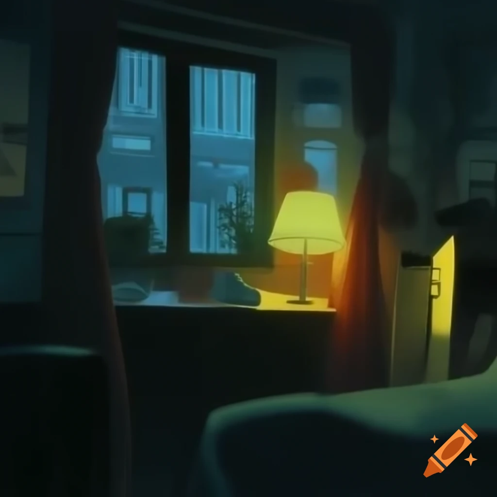 Cozy dimly lit room with vintage decor and rainy street view at night