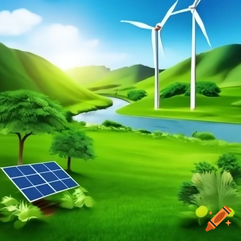 Realistic ecological scene with lush landscapes, clean skies, trees, plants, and a clear river