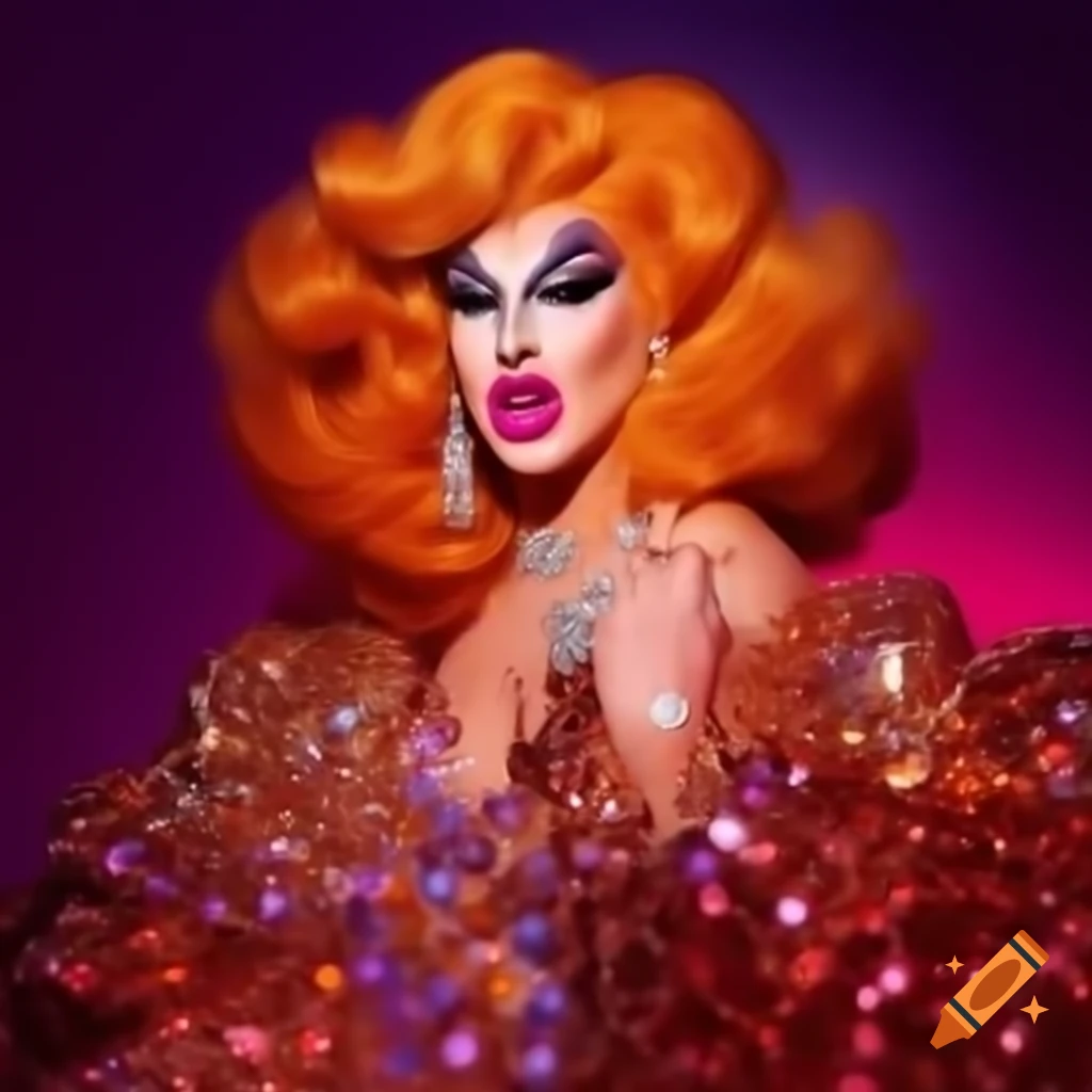 Disco-themed look of Char Cuterie from RuPaul's Drag Race in a sequin dress with vibrant ginger curls