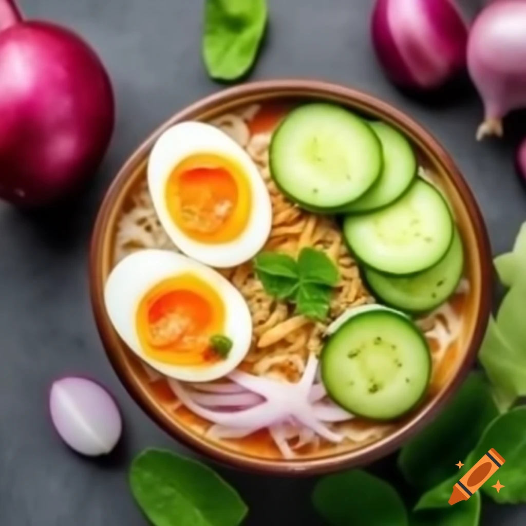 Laksa Penang with boiled egg, cucumber, iceberg salad, onion, and mint leaves