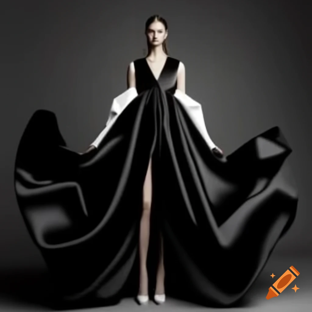 Elegant long black satin dress with detachable white sleeves and side slit