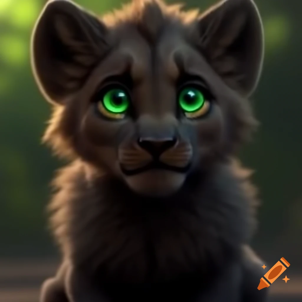 Lion cub and fox kit hybrid with green eyes and dark fur