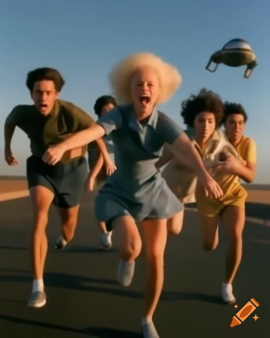 People running in fear from UFO craft