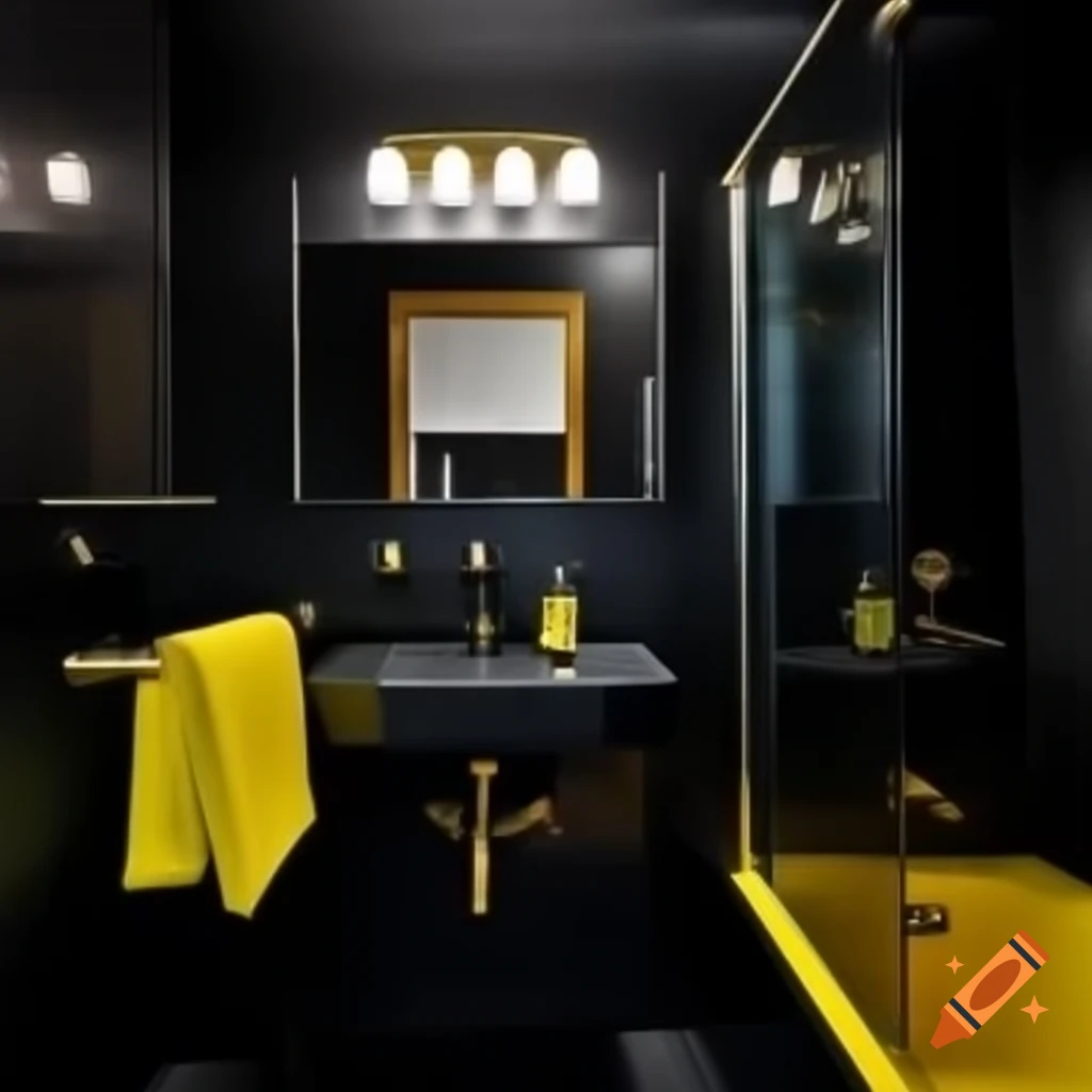 Stylish black bathroom featuring yellow accents on Craiyon, image size:1024x1024