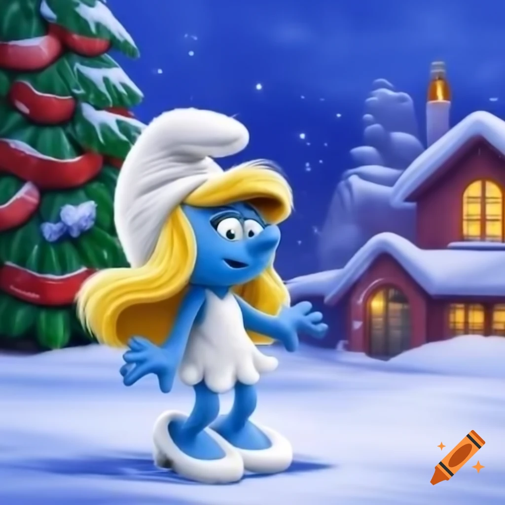 Smurfette in snowy village with Christmas tree during festive season