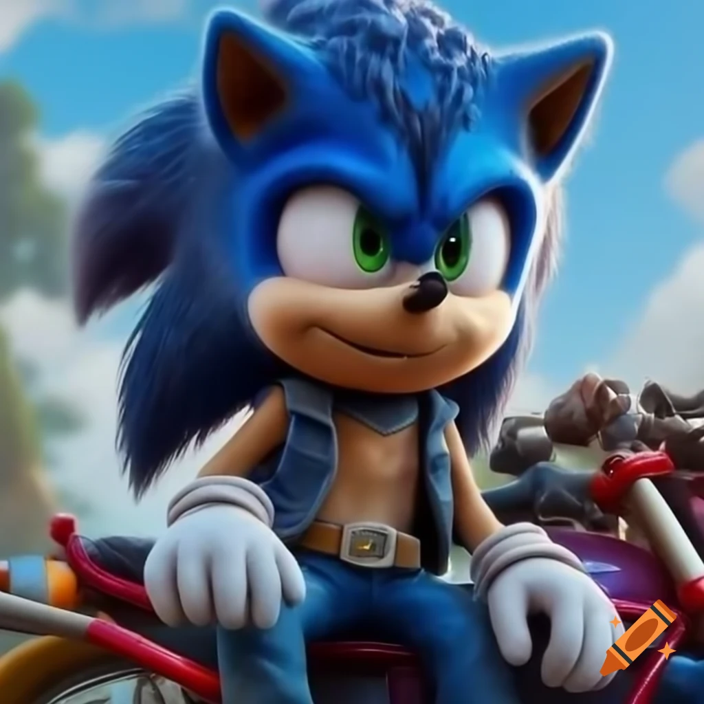 Sonic the Hedgehog in stylish denim outfit with jacket and brown belt