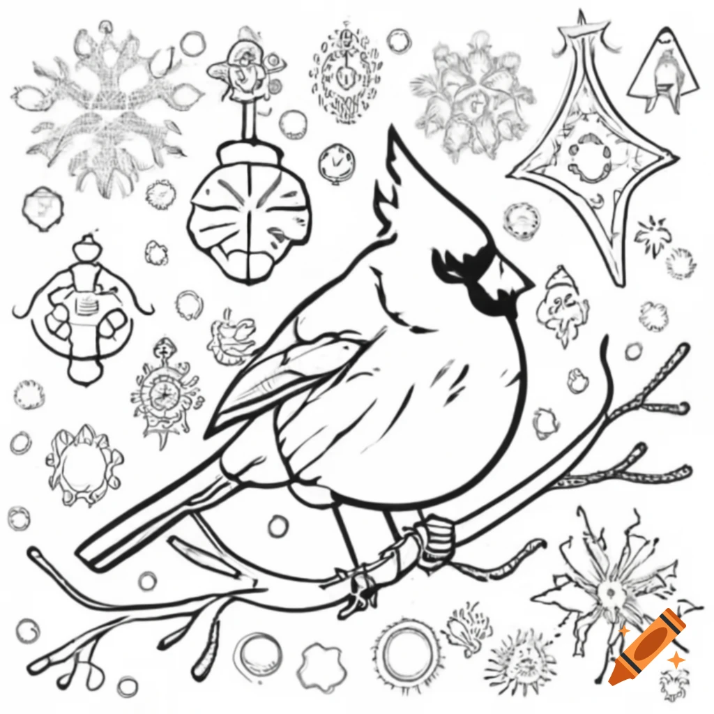 Cardinal on fir tree twig with snowflakes in magical Christmas scene, ink drawing