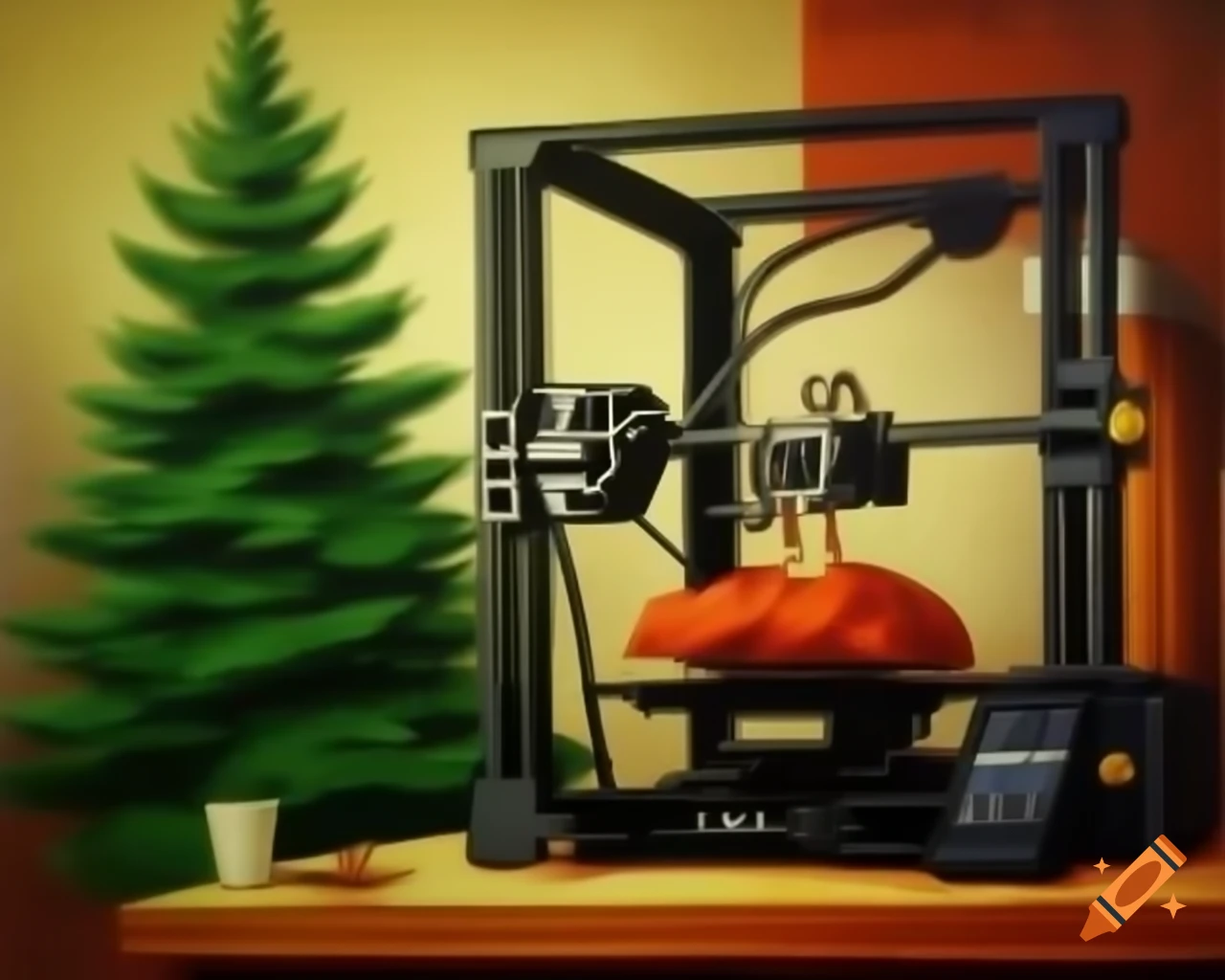 Large 3D printer with huge fir tree in background