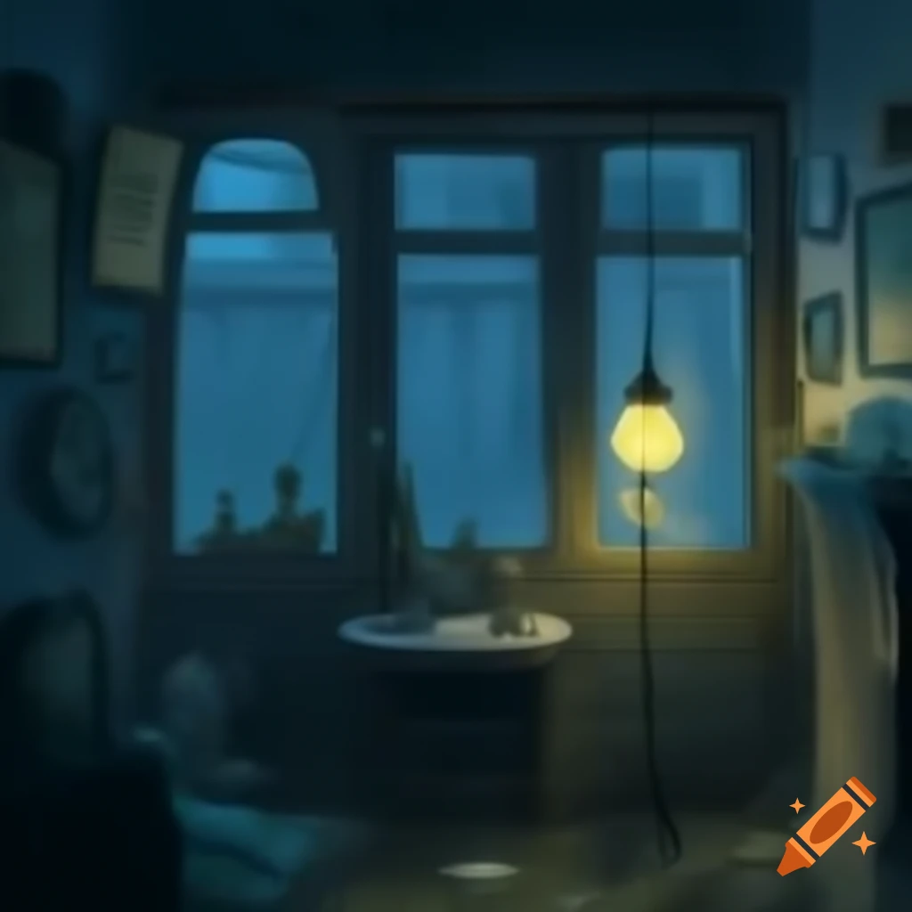 Cozy dimly lit room with vintage decor and rainy street view