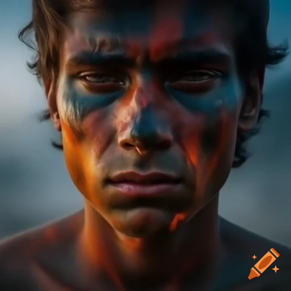 Young male model with crying face reflecting apocalyptic flames, misty atmosphere