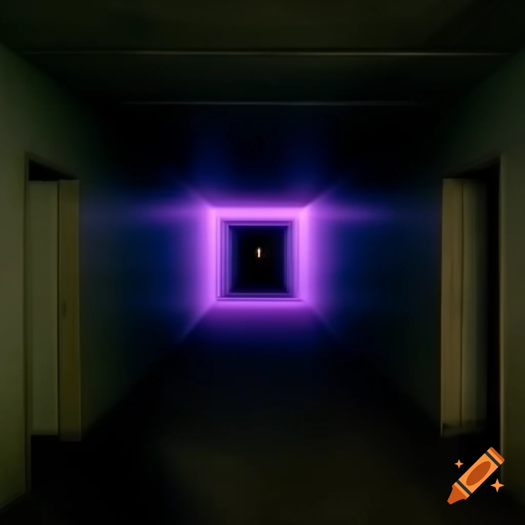 Abstract liminal image of an empty hotel hallway with worn walls and ...