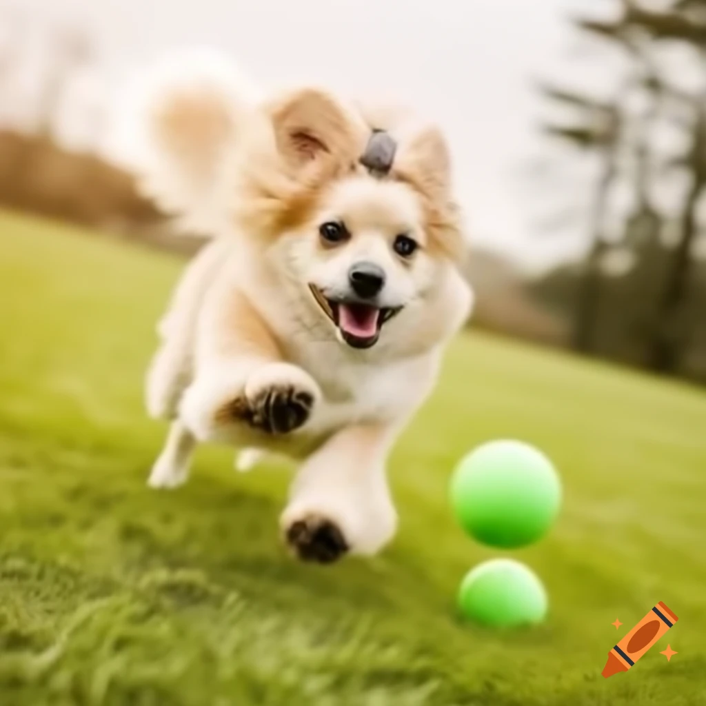 Cute blonde dog playing with sticks and balls