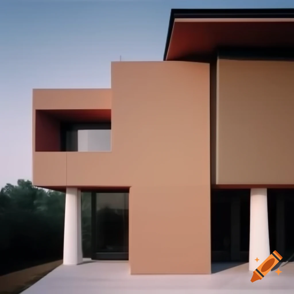 Saddle tan house with white walls and black windows