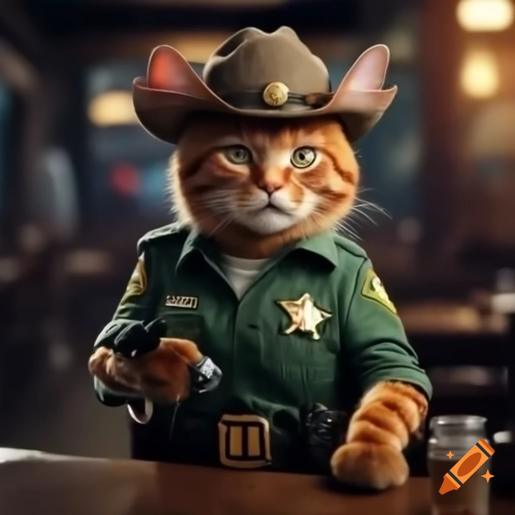 Red cat dressed as Texas Ranger Sheriff with tiny gun and big hat in saloon