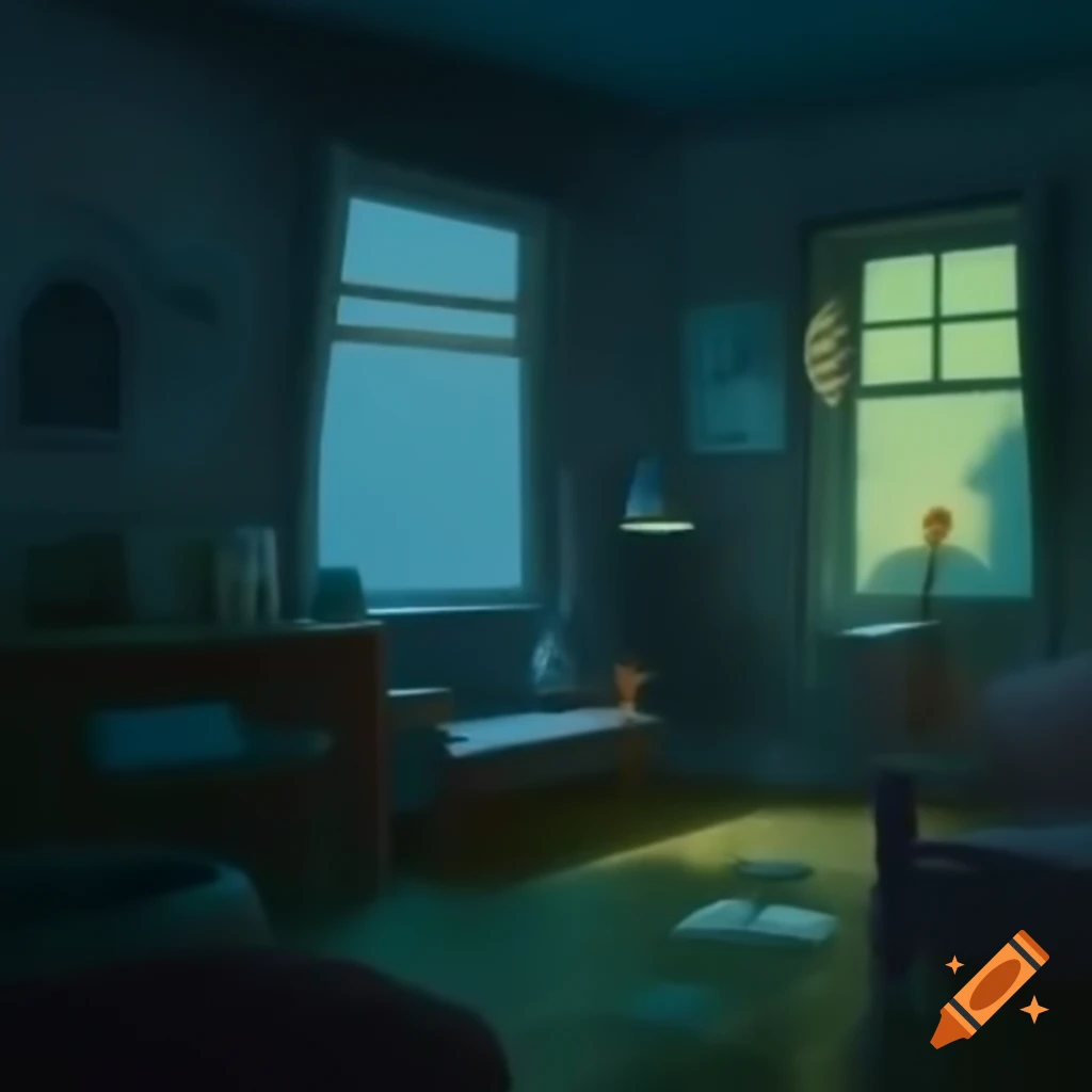 Cozy dimly lit room with vintage decor and rainy street view at night