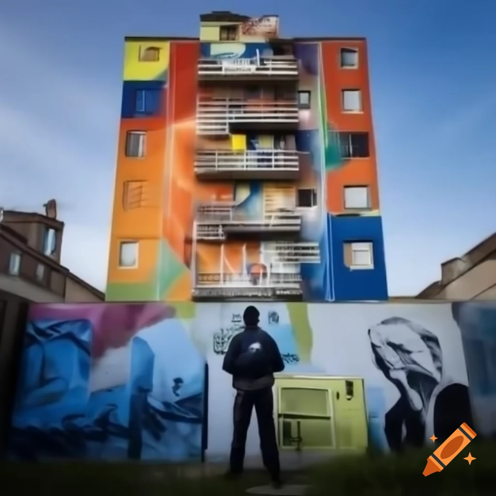 Artist painting mural with peace symbols on multi-storey building ...