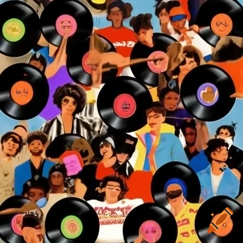Poster for 80s and 90s party featuring vinyl records and diverse music genres