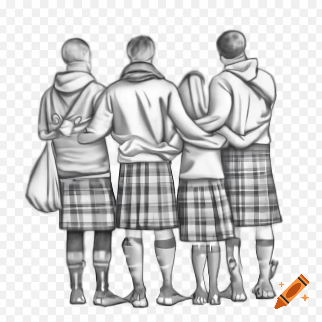 Pencil sketch of Scottish friends from back view