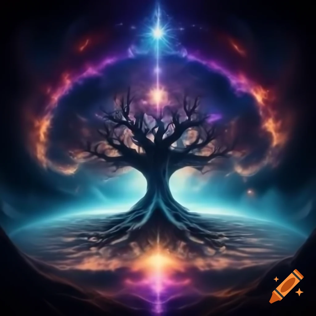 Vibrant Yggdrasil cosmic tree with seven chakras and sacred geometry on ...