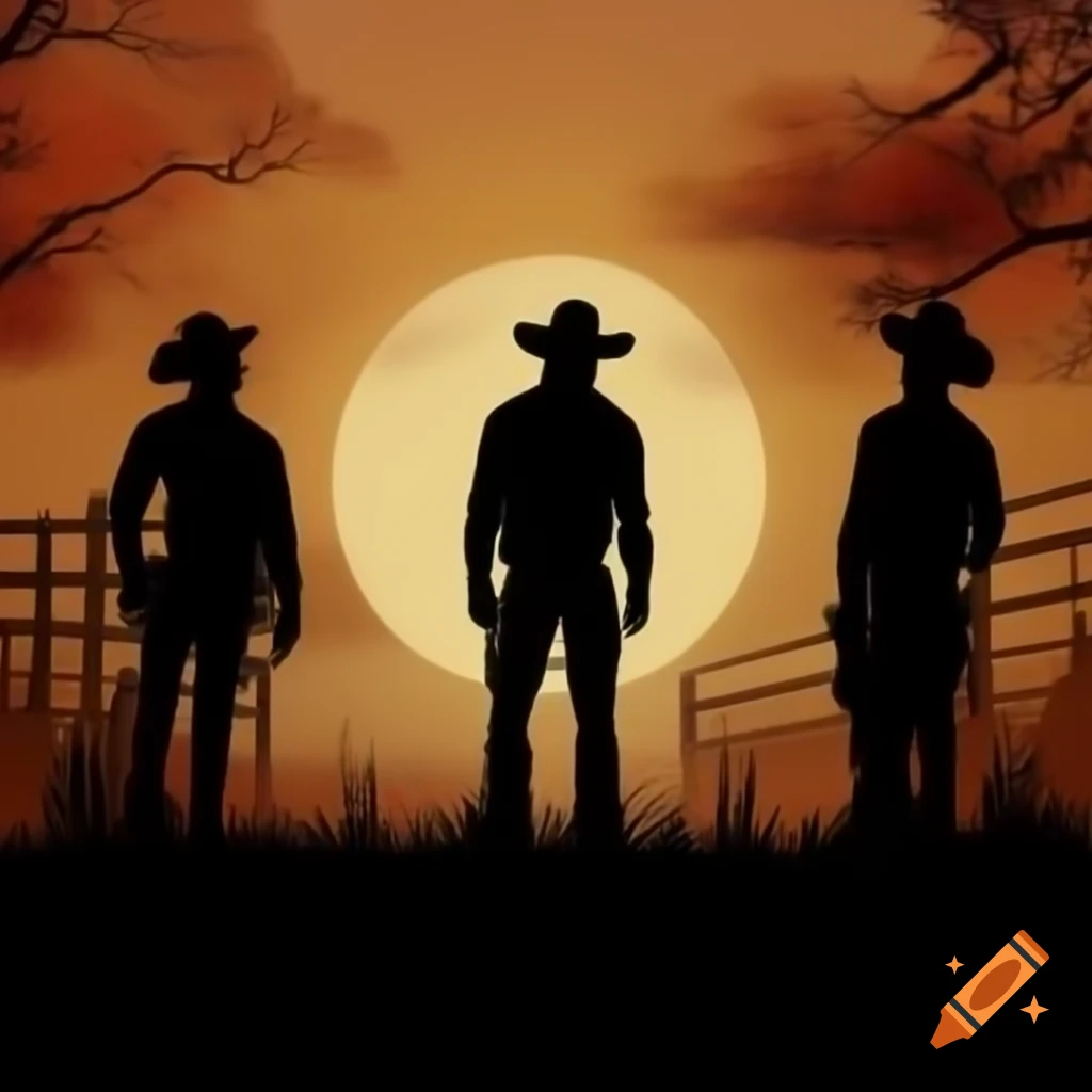 Silhouettes of two cowboys and one clown against a western background