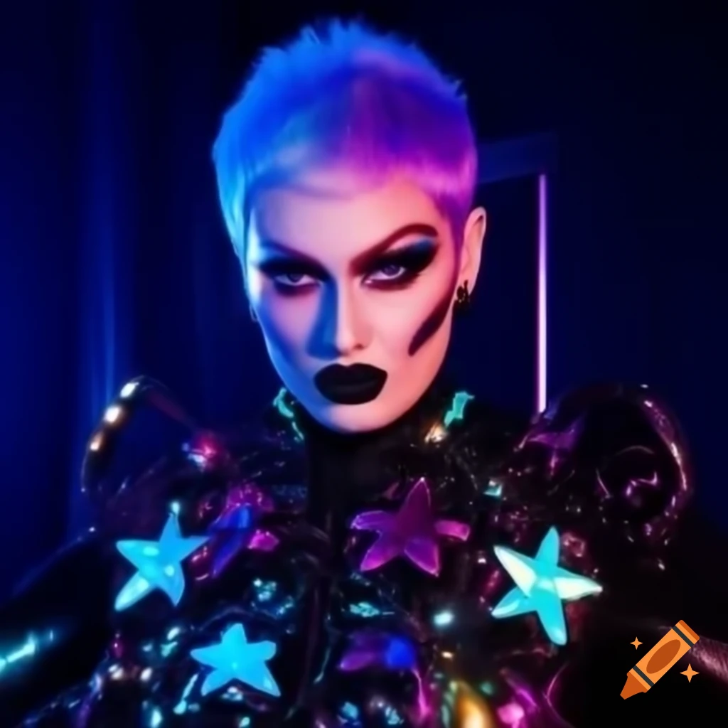 Galactic themed outfit of drag queen Vicky Vavoom featuring metallic bodysuit