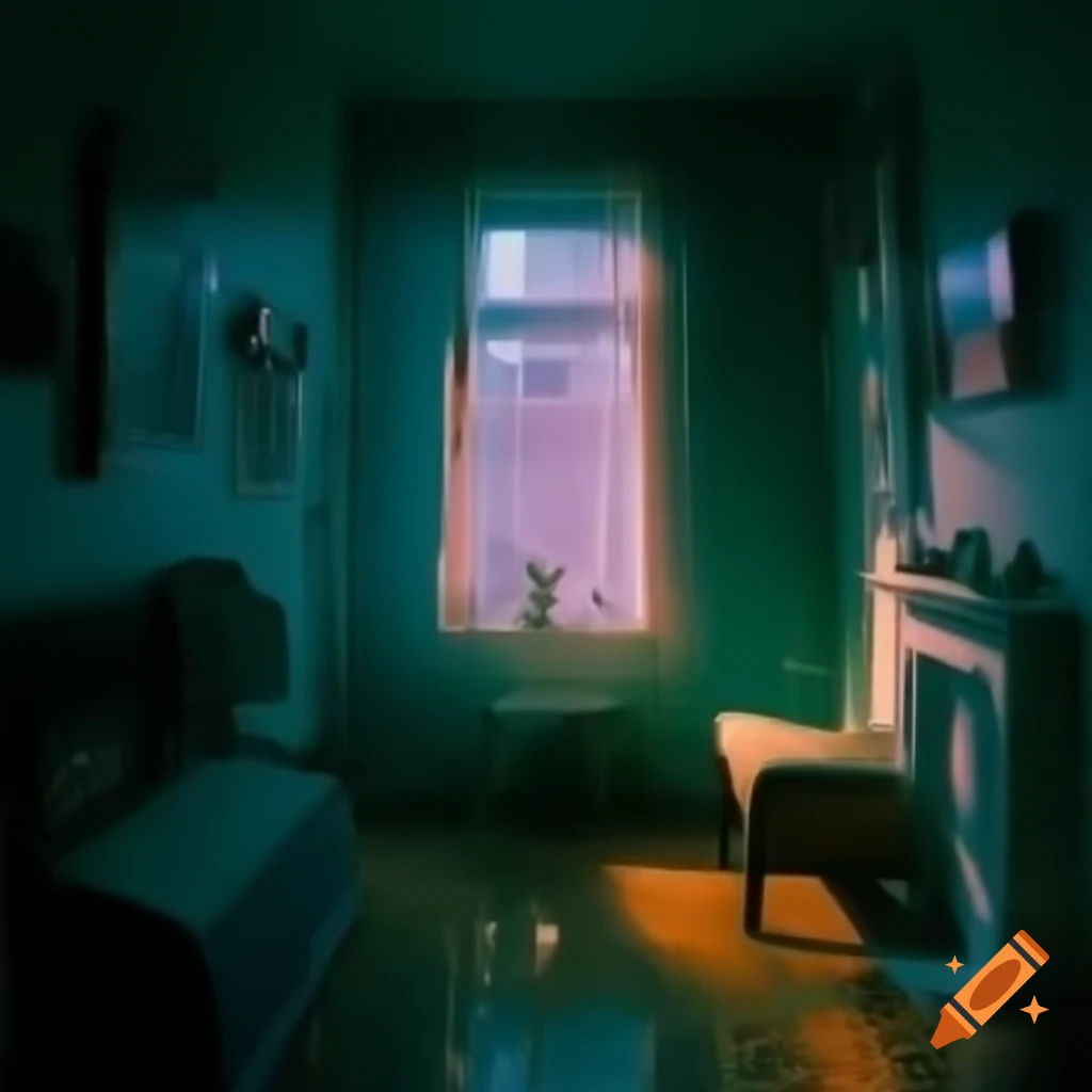 Cozy dimly lit room with vintage decor and rainy street view at night