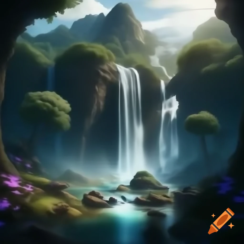 Epic natural windswept waterfall in fantasy setting