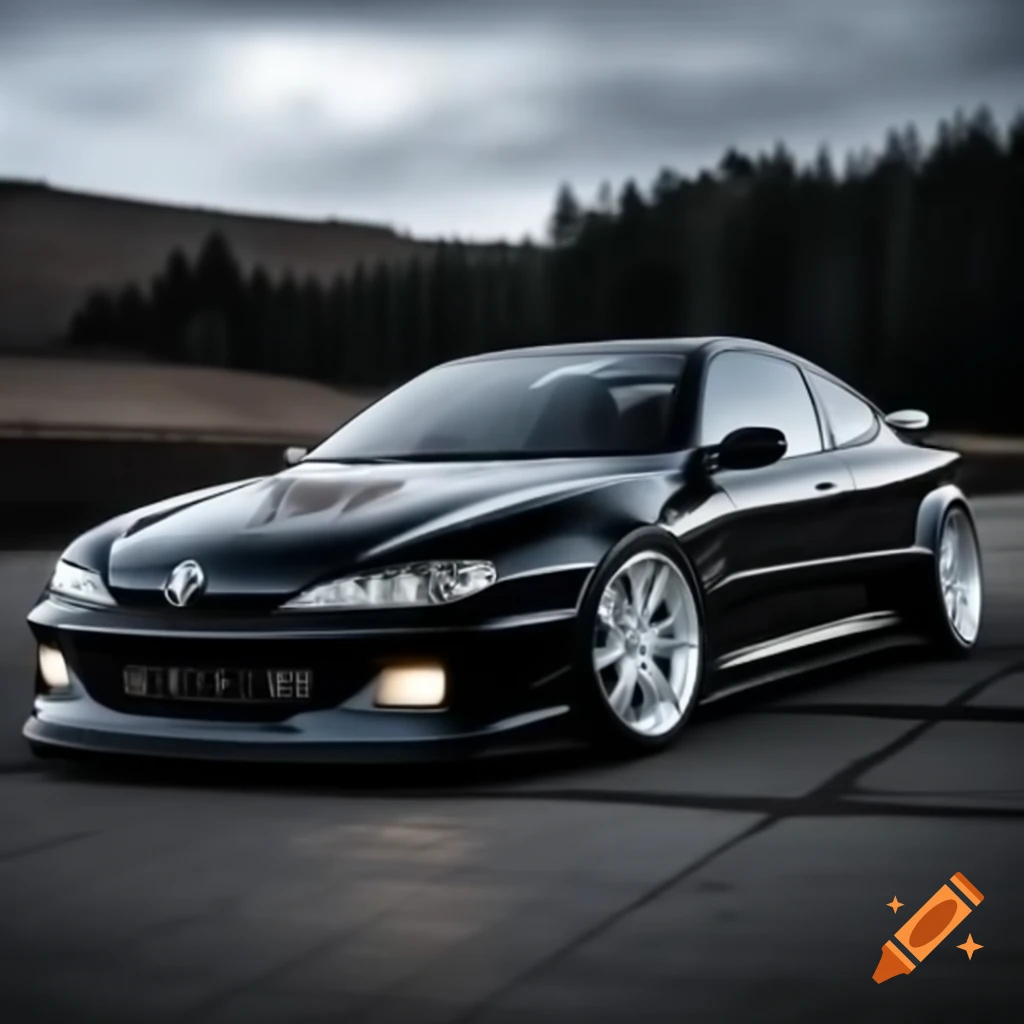 Low-angle view of black Peugeot 406 coupe with drift bodykit and chrome ...