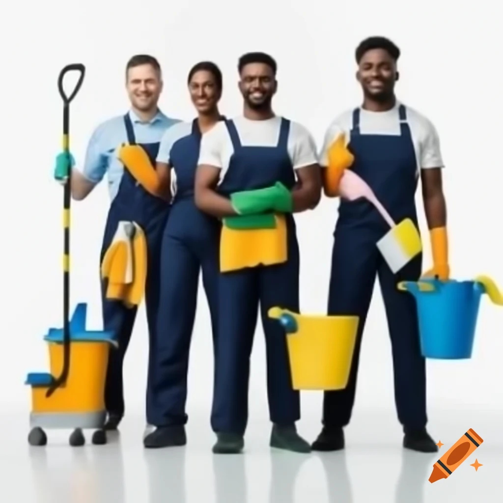 Team of professional cleaners with tools standing together on white background