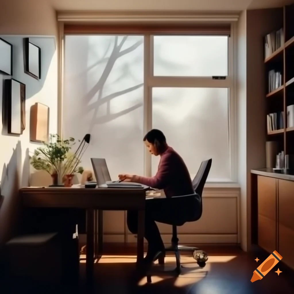 Individual working at modern desk in cozy home office with MacBook Pro and additional monitor