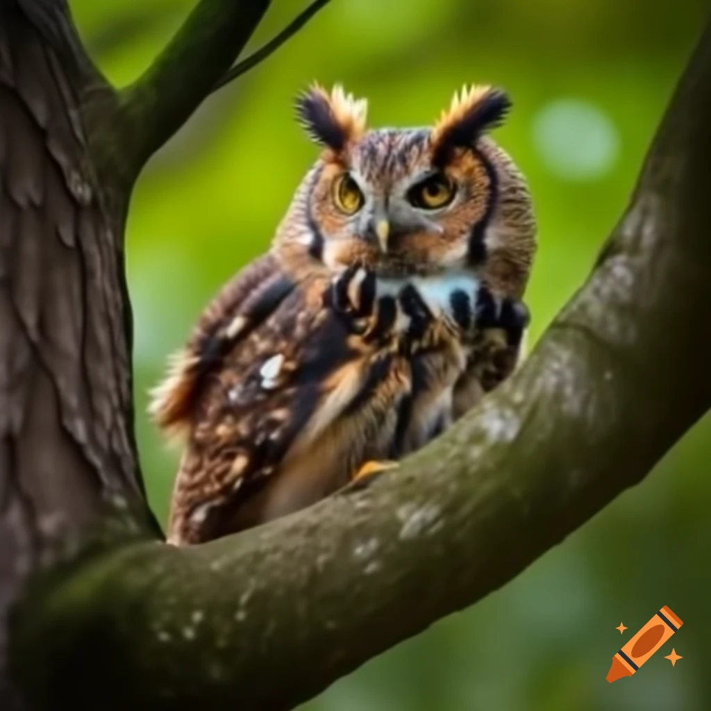 Brown owl perched on tree branch observing forest surroundings