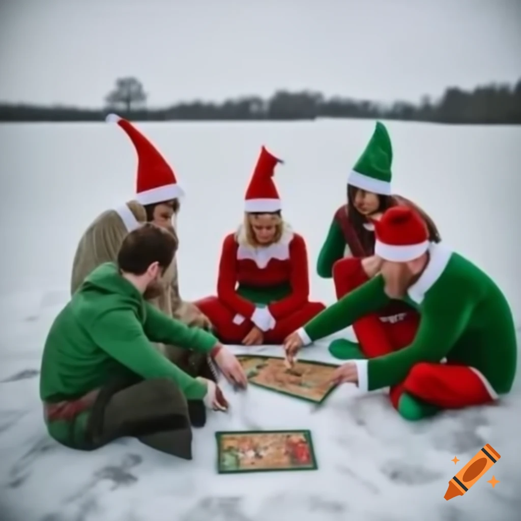Elf Playing Group of people in Christmas elf costumes playing board game in snowy ...