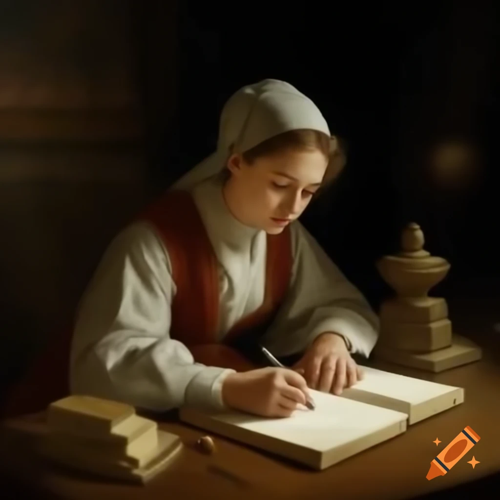 Woman writing creatively in a 2D illustration