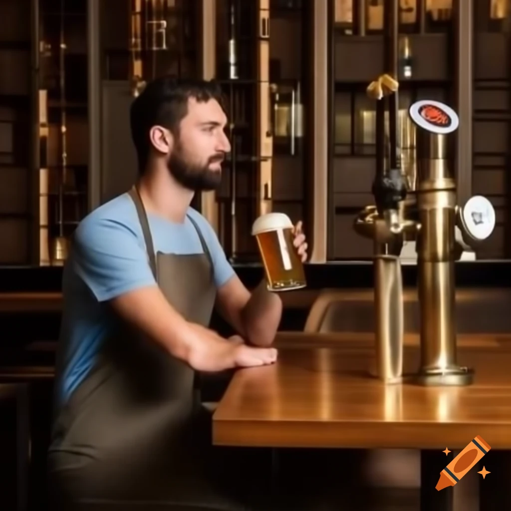 Man with a small beard brewing beer in a brewery workshop, laughing