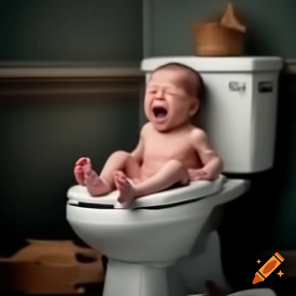 Newborn baby sitting on toilet pot, looking distressed