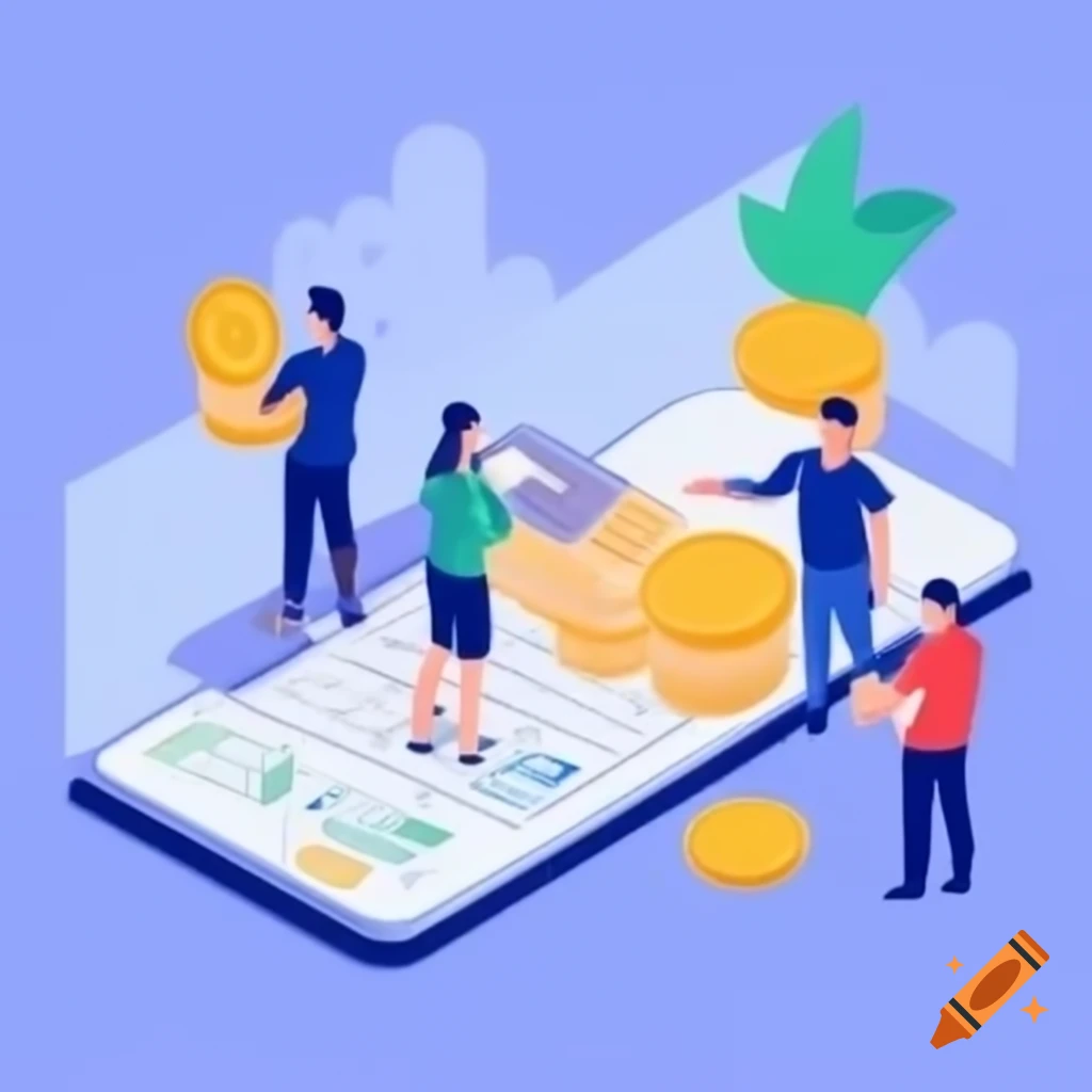 Illustration of people interacting with products and money, representing the economy