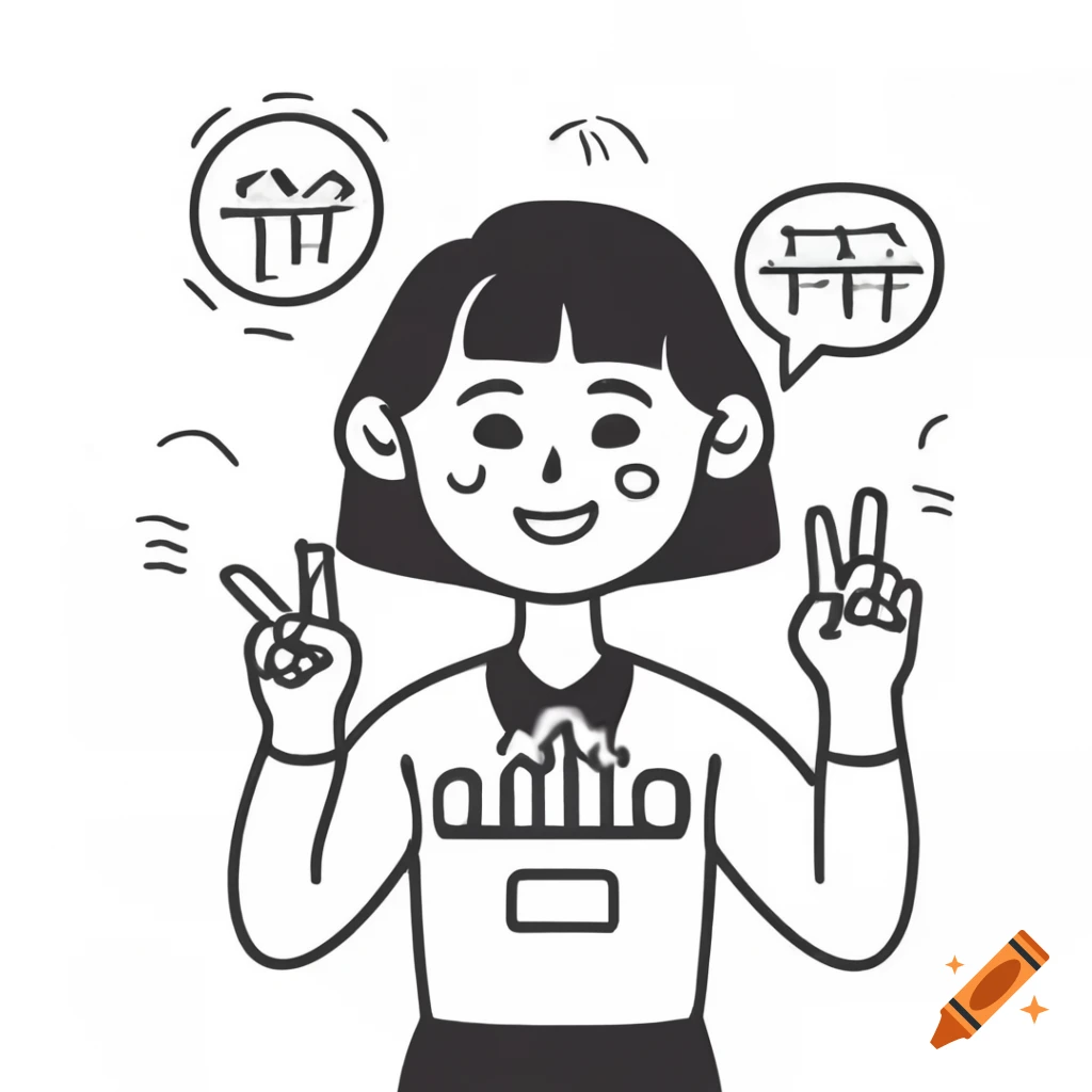 Black and white drawing of Asian female with shoulder length black hair using sign language in a studio