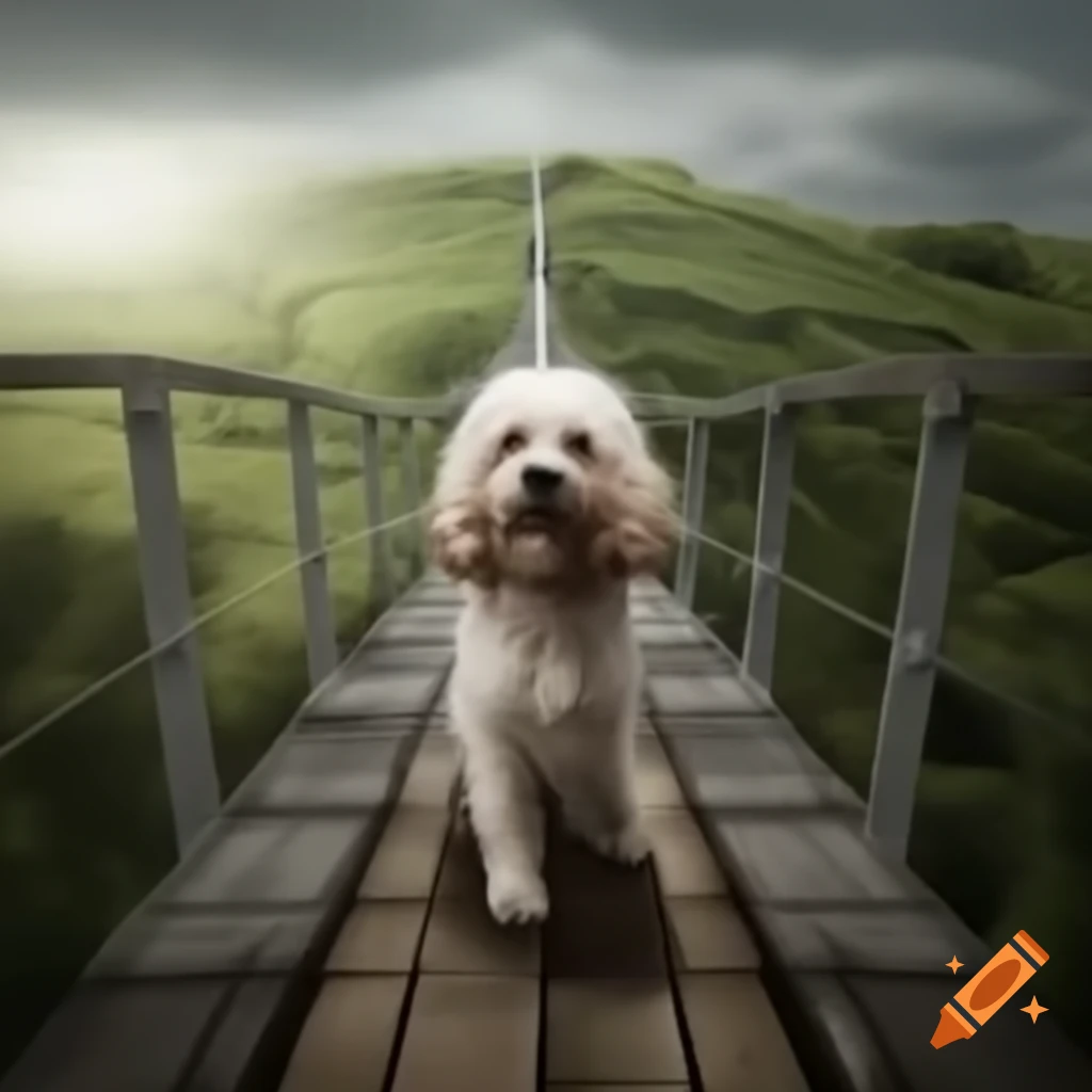 Cute dog crossing a shaky bridge representing overcoming fear