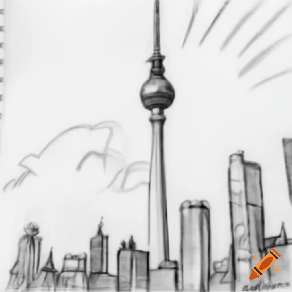 Pencil sketch of Fernsehturm from below with sunbeams