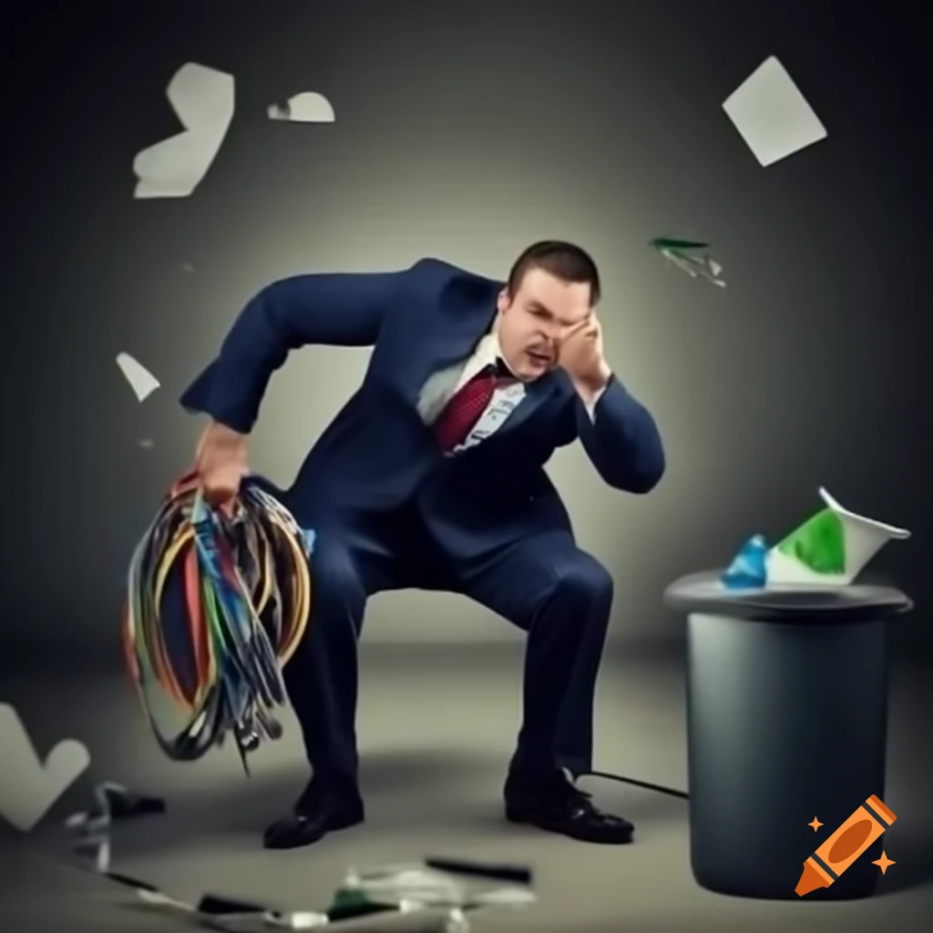 Angry office worker disposing messy cable cords in trash can