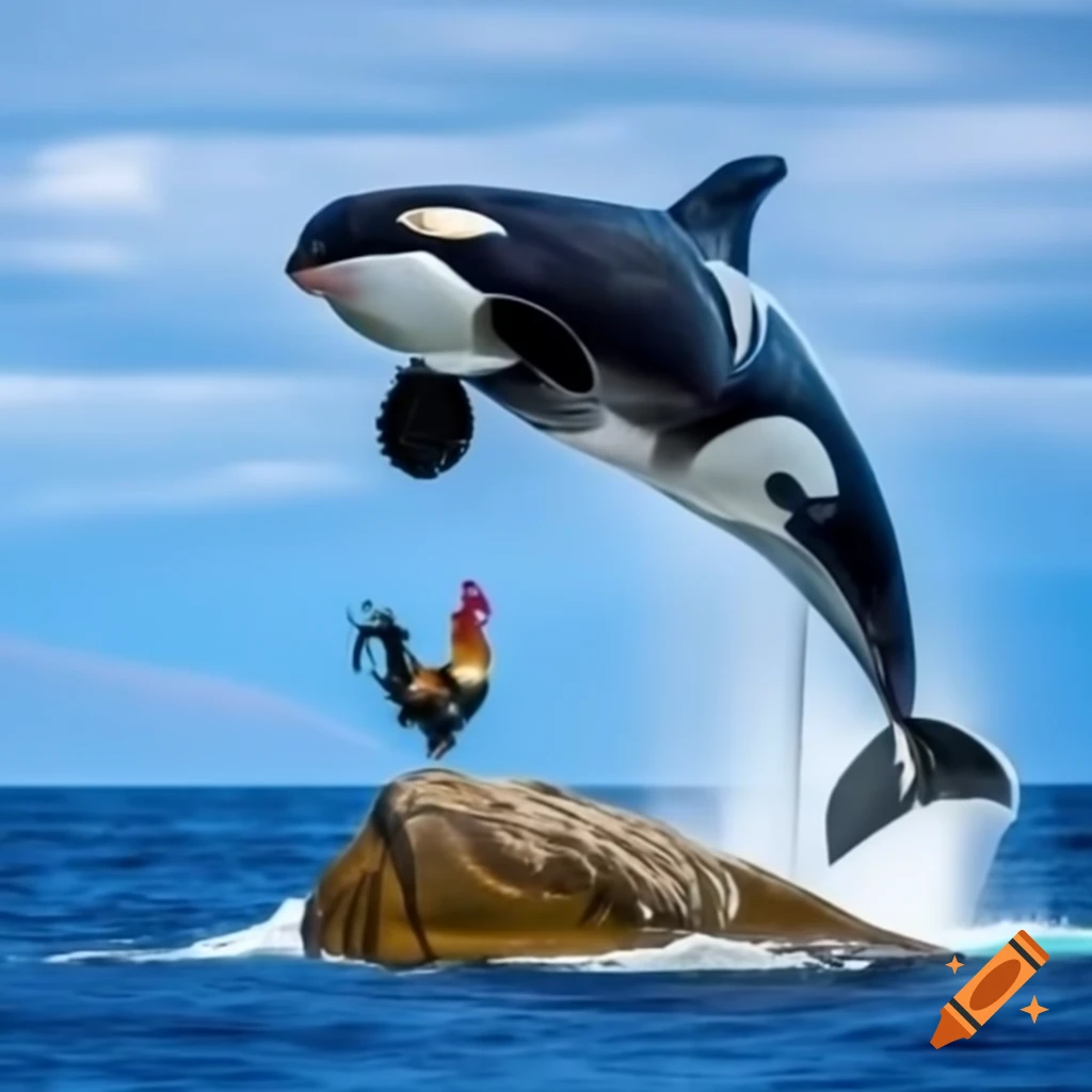 Killer whale jumping over rock with rooster standing on it