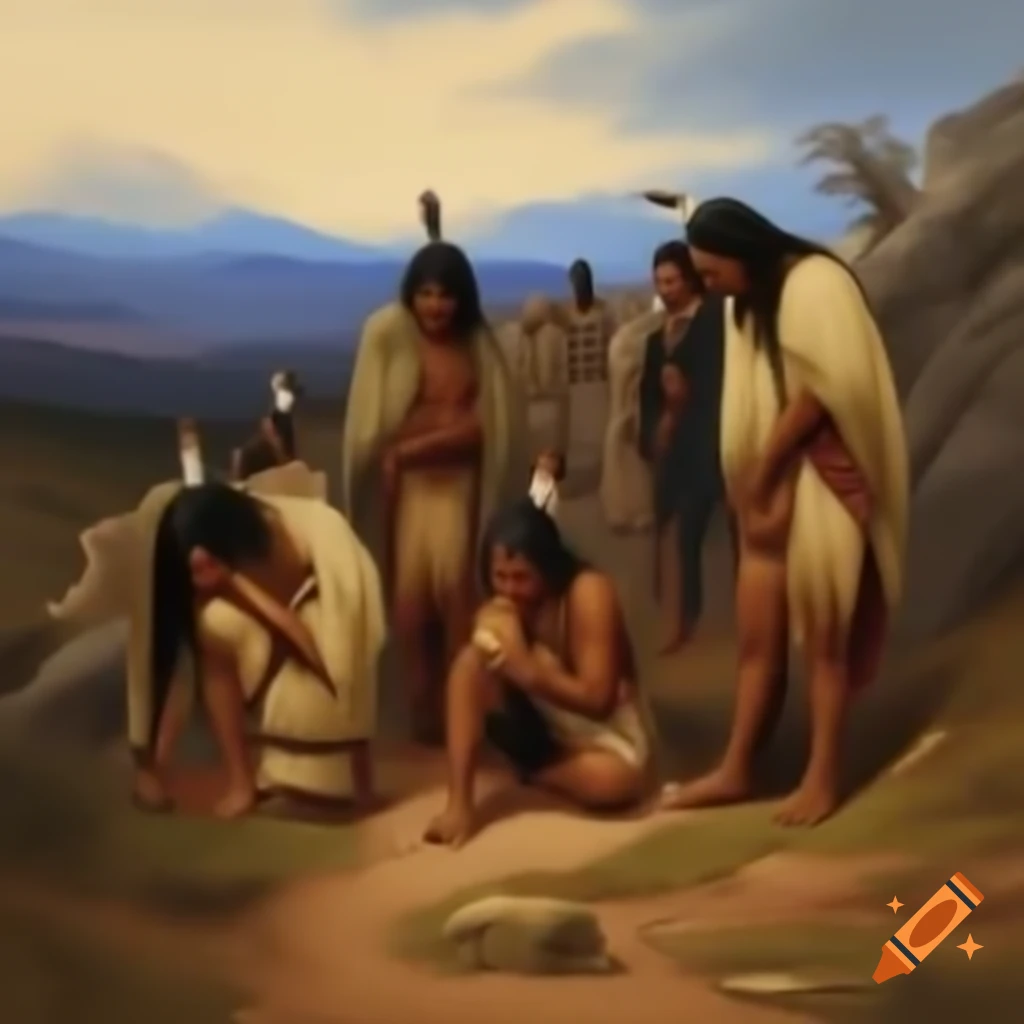 Native Americans in emotional scene with 1830 American soldiers on a trail