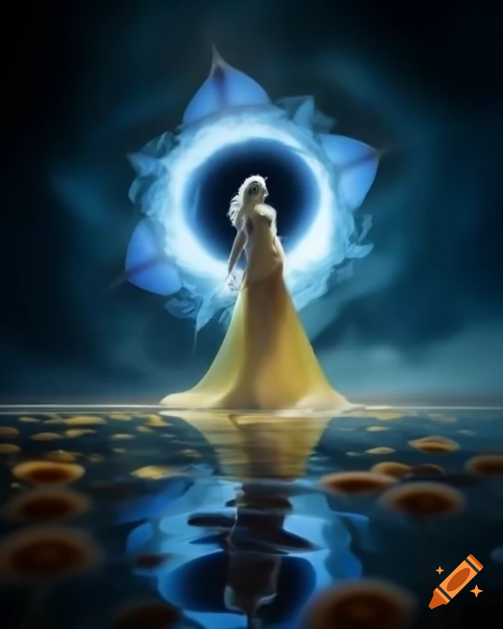 Evolved female spirit in translucent garments before a pulsating light portal