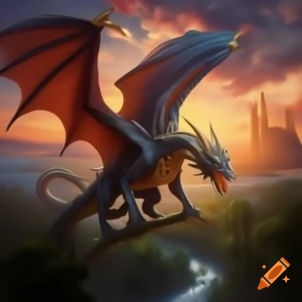 Majestic dragon flying over mystical forest at sunset with glowing ...