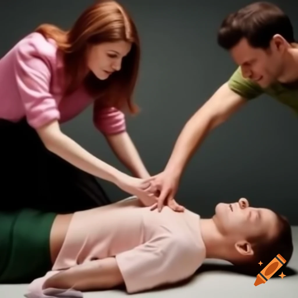 Woman performing CPR on unconscious man wearing green shirt