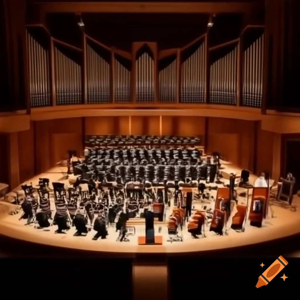 Full choir and orchestra setup with diverse instruments and 66 singers ...