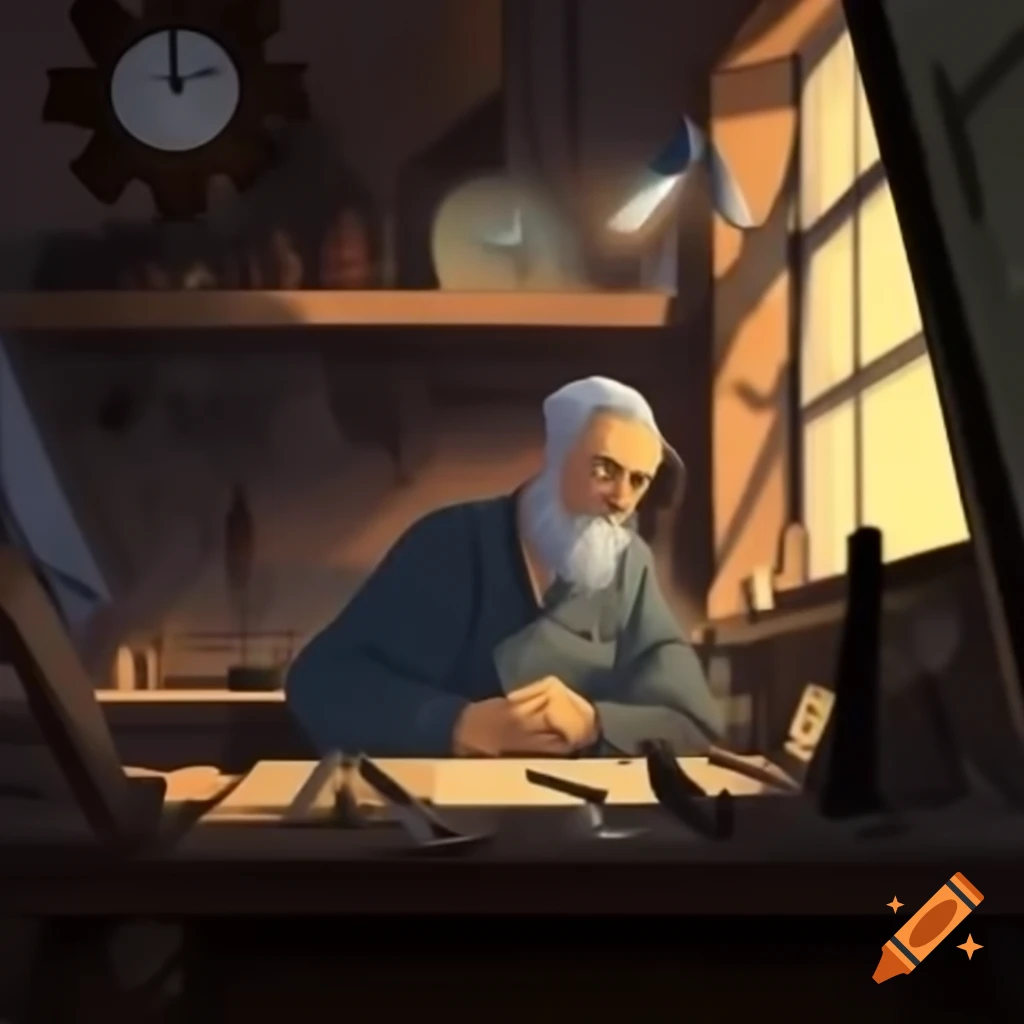 Cozy clockmaker's workshop with man adjusting clock gears